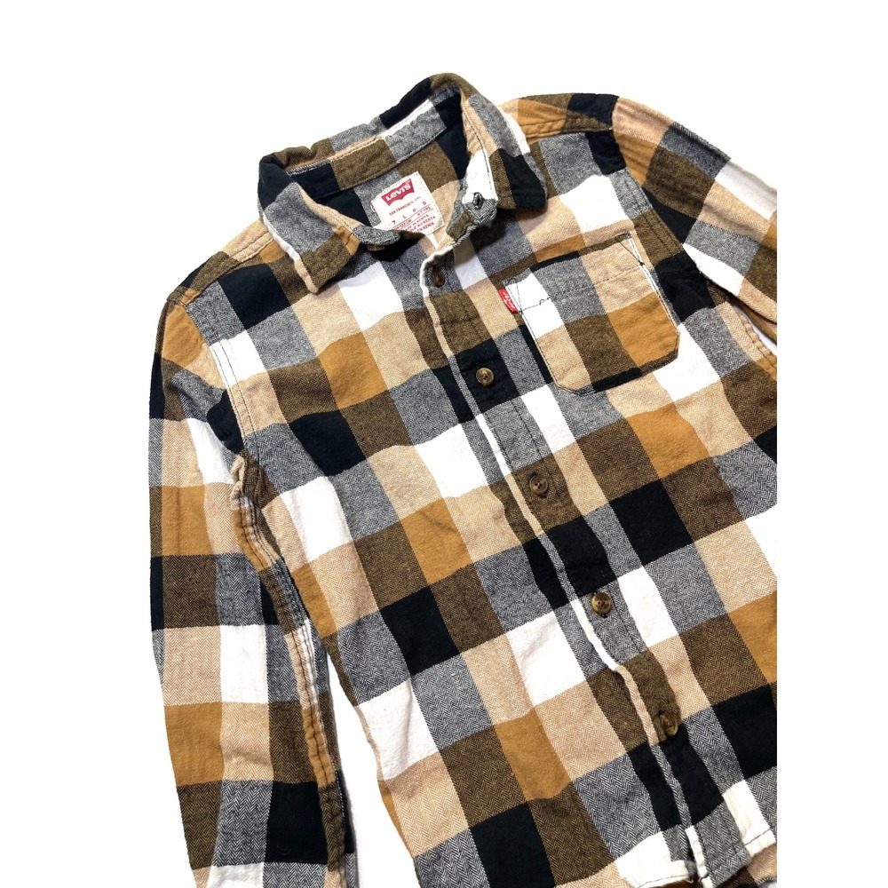 Levis Boys Plaid Flannel Shirt Brown Black White Long Sleeve Size L 7 0295